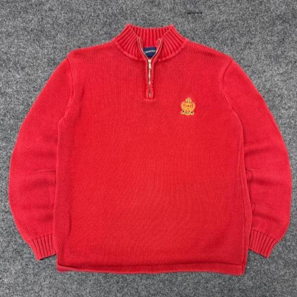 Vintage Charter Club Red Cotton Knit Quarter Zip Sweater Mens Medium 90s Crest